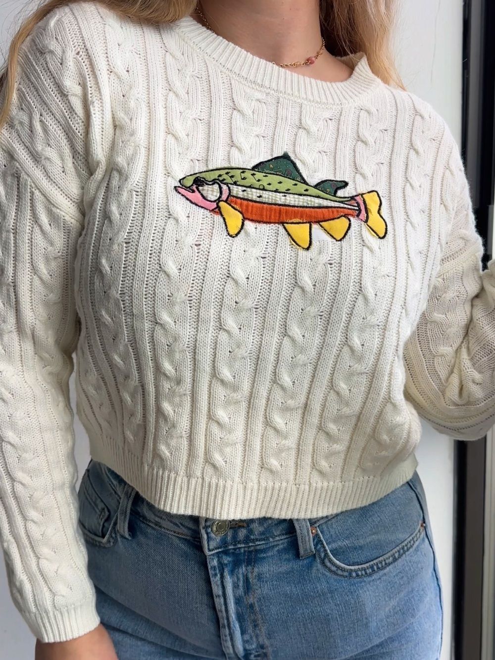 Upcycled Cream Cable Knit Embroidered Fish Applique Crop Sweater